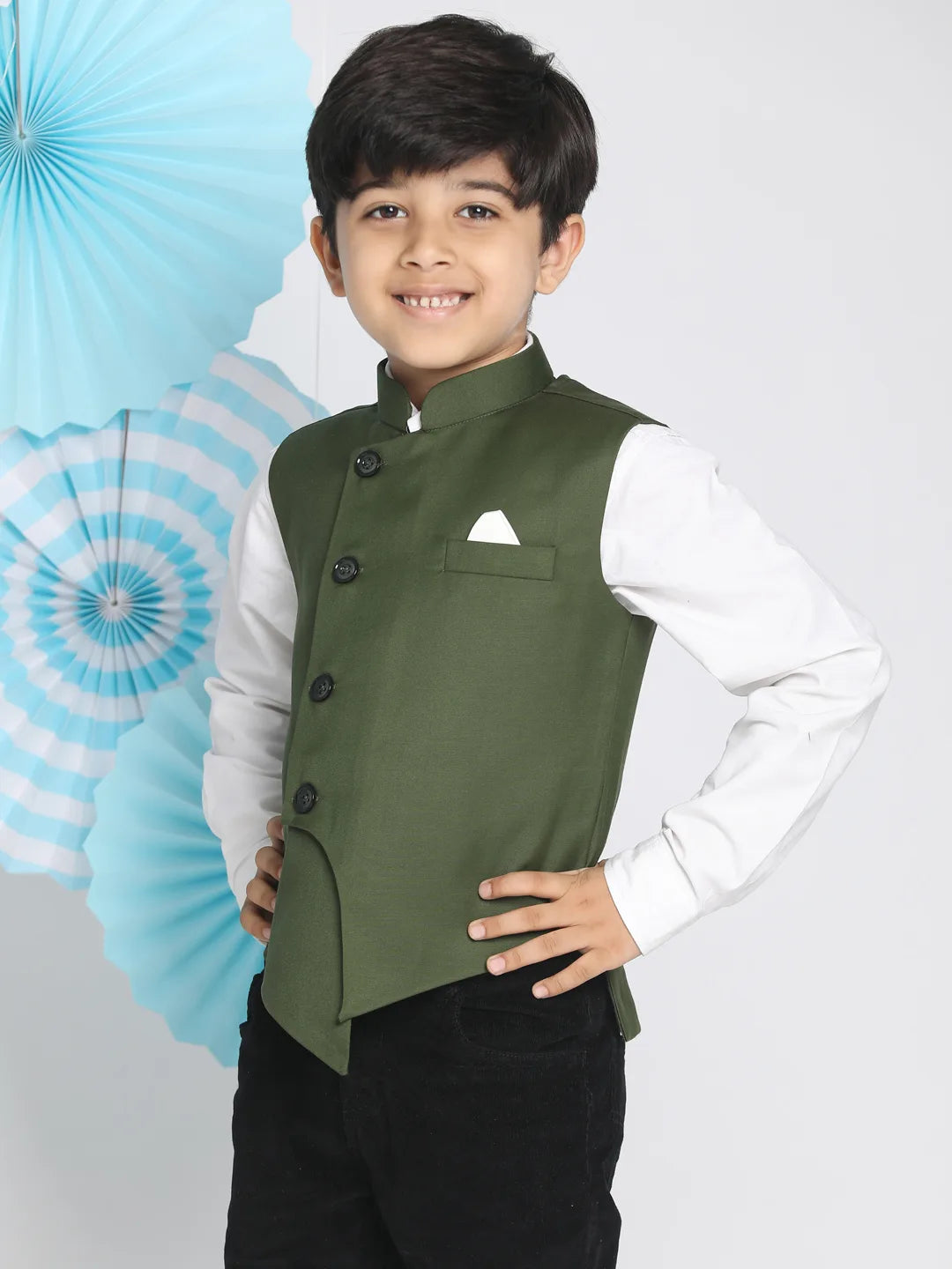 Boys' Dark Green Cotton Blend Nehru Jacket