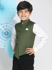 Boys' Dark Green Cotton Blend Nehru Jacket