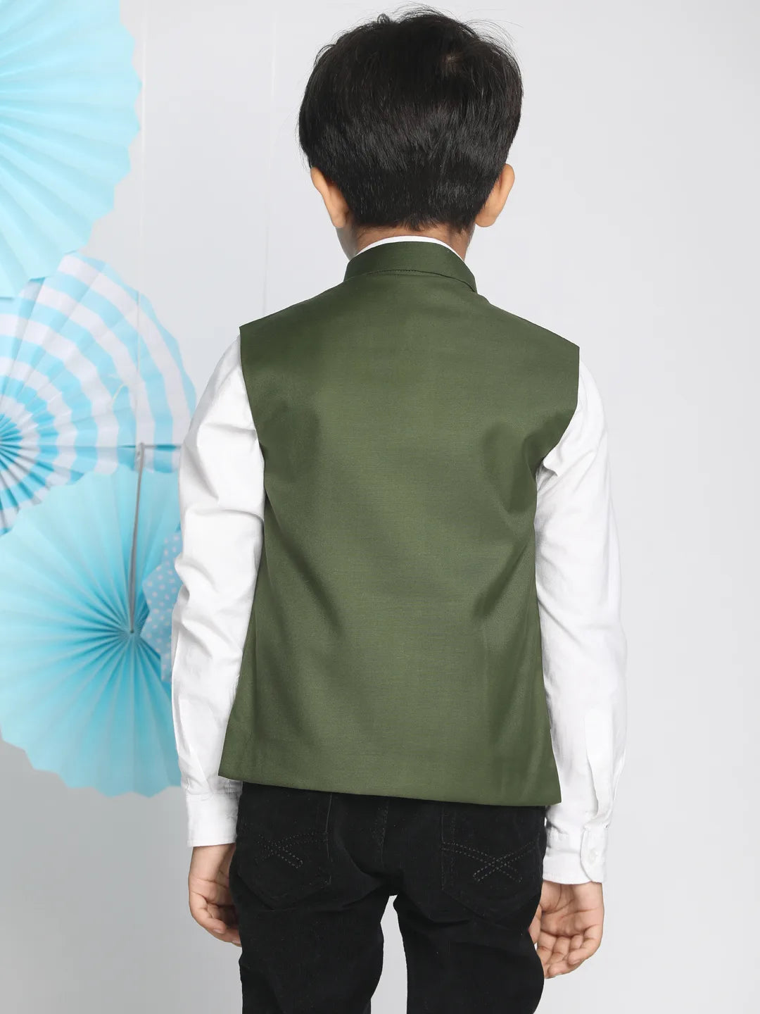 Boys' Dark Green Cotton Blend Nehru Jacket