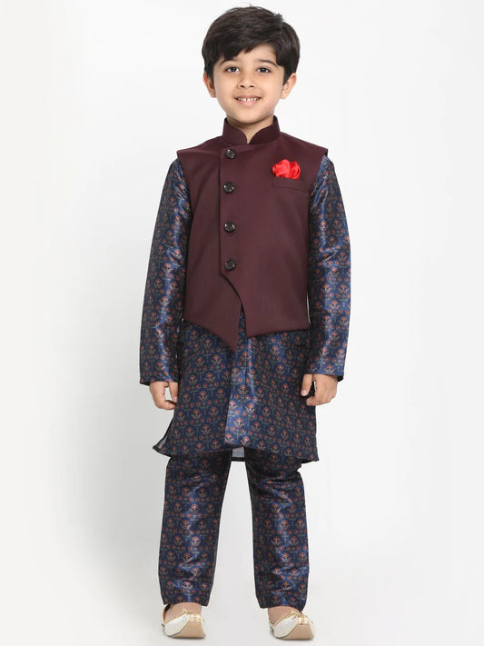 Boys' Multicolor-Base-Blue Silk Blend Jacket, Kurta and Pyjama Set