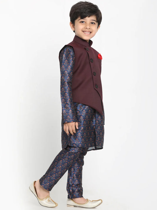 Boys' Multicolor-Base-Blue Silk Blend Jacket, Kurta and Pyjama Set