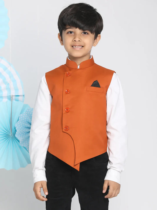 Boys' Orange Cotton Blend Nehru Jacket