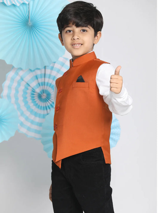 Boys' Orange Cotton Blend Nehru Jacket