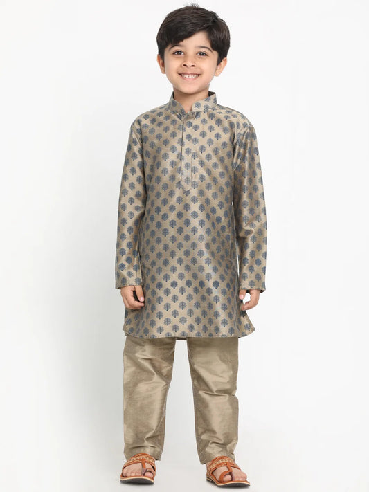 Boys' Chiku Cotton Blend Kurta Pyjama Set