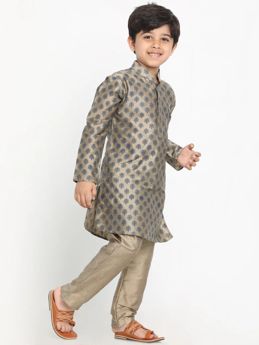 Boys' Chiku Cotton Blend Kurta Pyjama Set