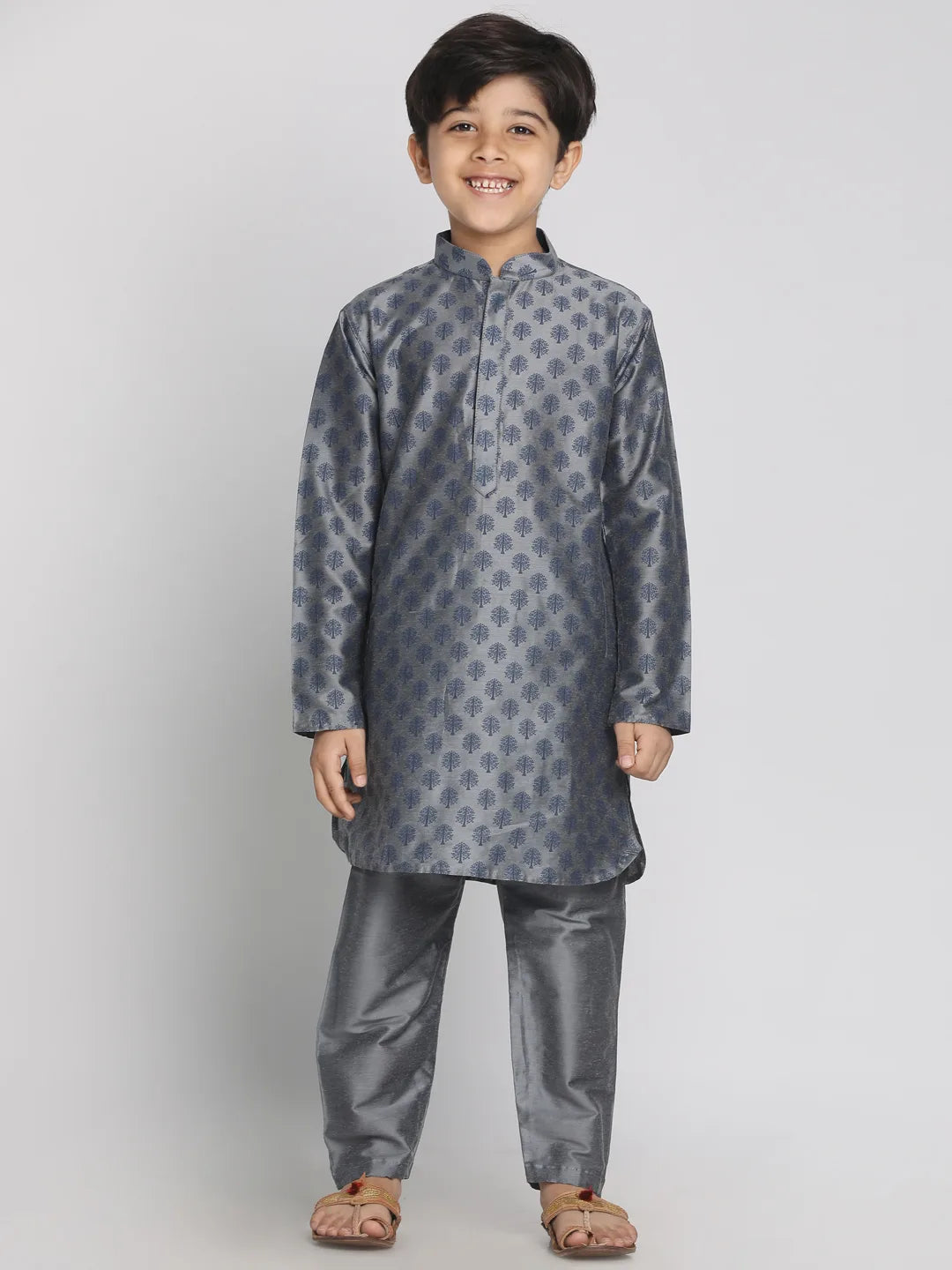 Boys' Grey Cotton Blend Kurta Pyjama Set