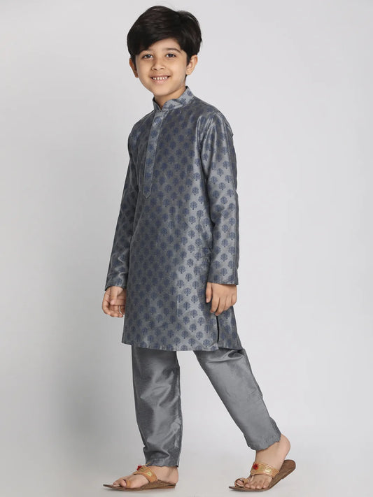 Boys' Grey Cotton Blend Kurta Pyjama Set