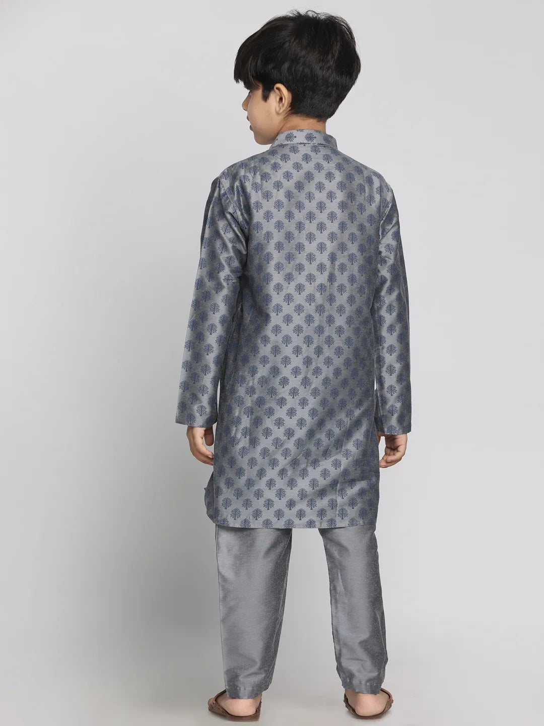 Boys' Grey Cotton Blend Kurta Pyjama Set