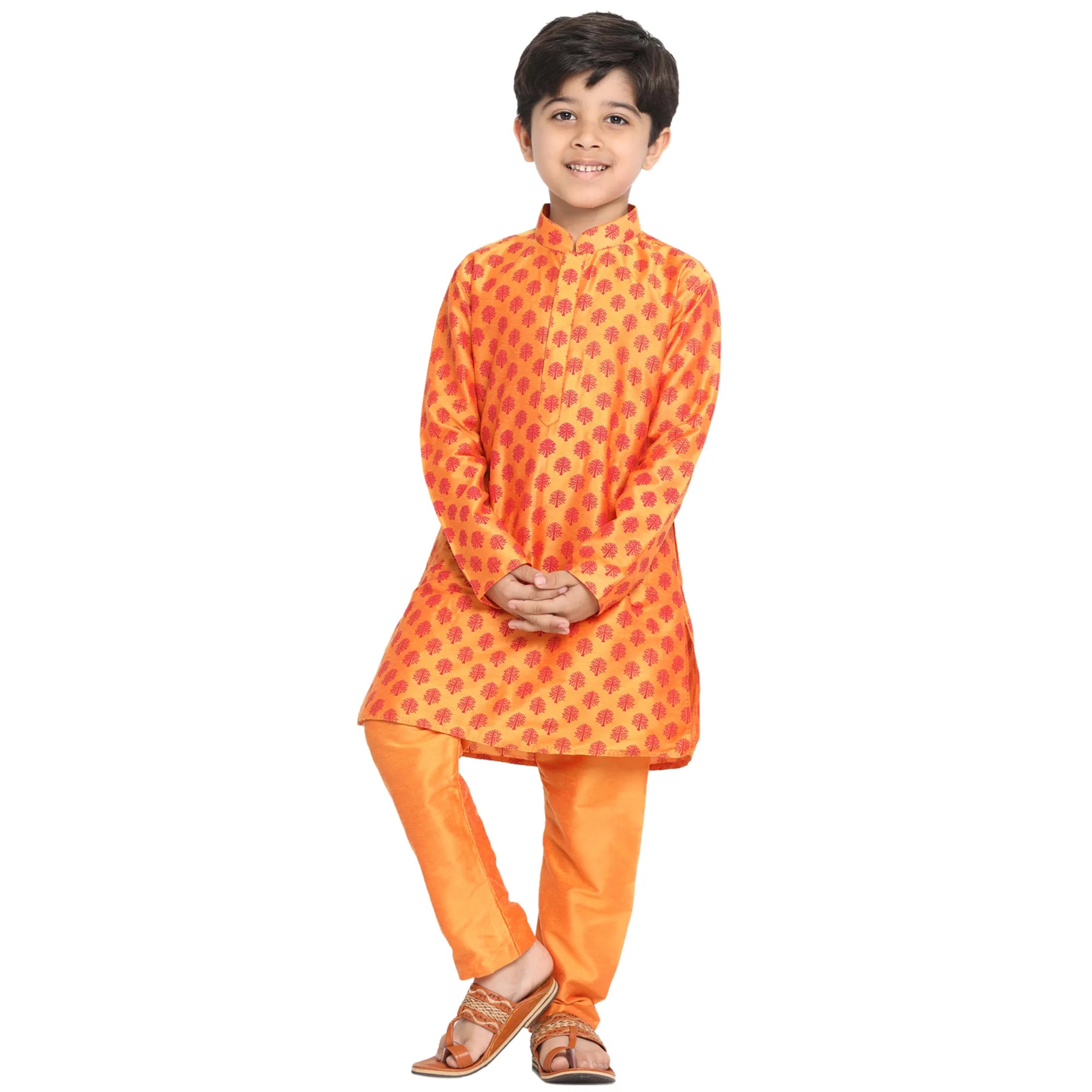 Boys' Orange Cotton Blend Kurta Pyjama Set