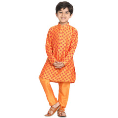 Boys' Orange Cotton Blend Kurta Pyjama Set