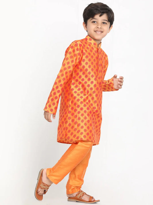 Boys' Orange Cotton Blend Kurta Pyjama Set