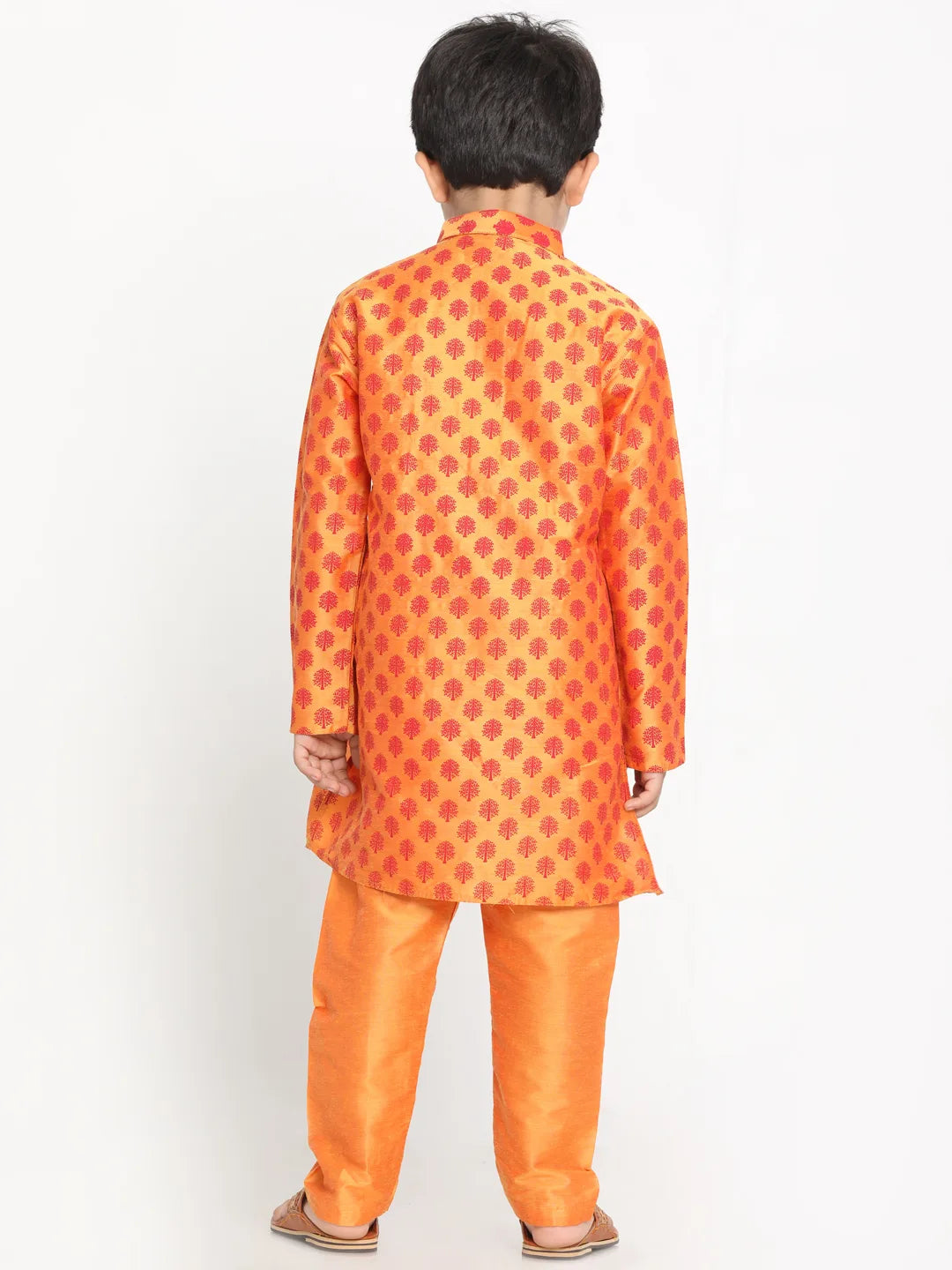 Boys' Orange Cotton Blend Kurta Pyjama Set