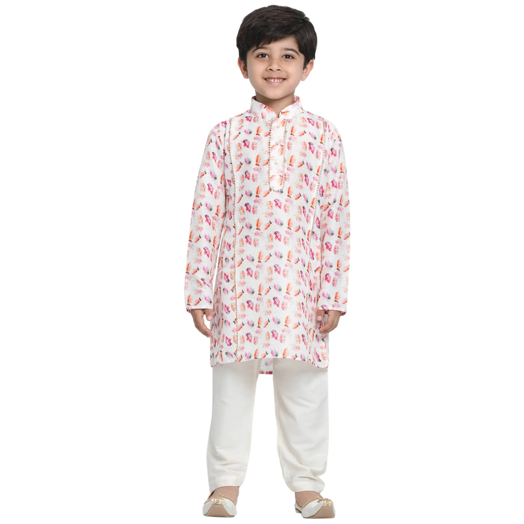 Boys' Multicolor-Base-White Cotton Blend Kurta Pyjama Set