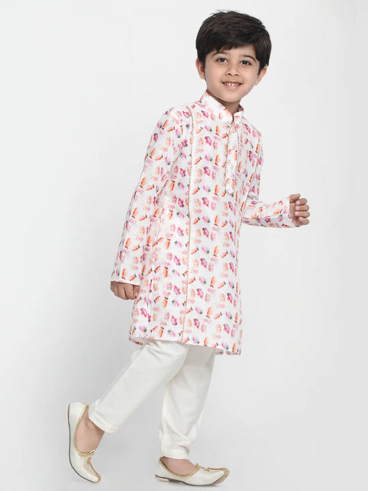 Boys' Multicolor-Base-White Cotton Blend Kurta Pyjama Set