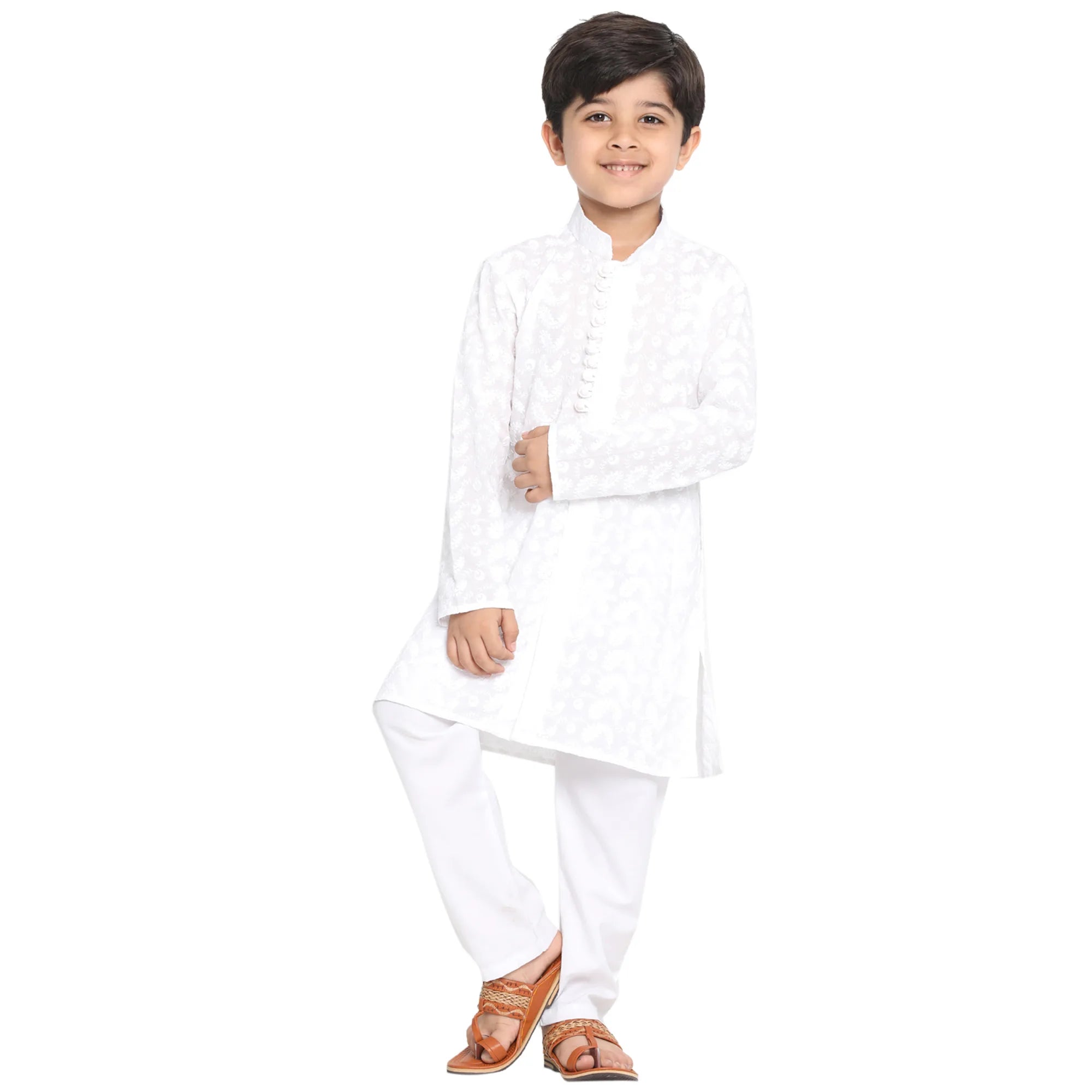 Boys' White Cotton Kurta Pyjama Set