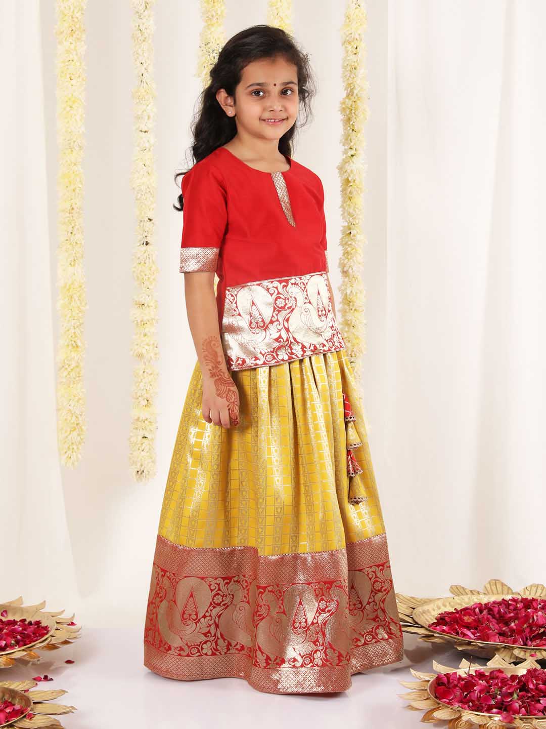 Girls' Maroon And Yellow Pavda Pattu Lehenga Choli Set