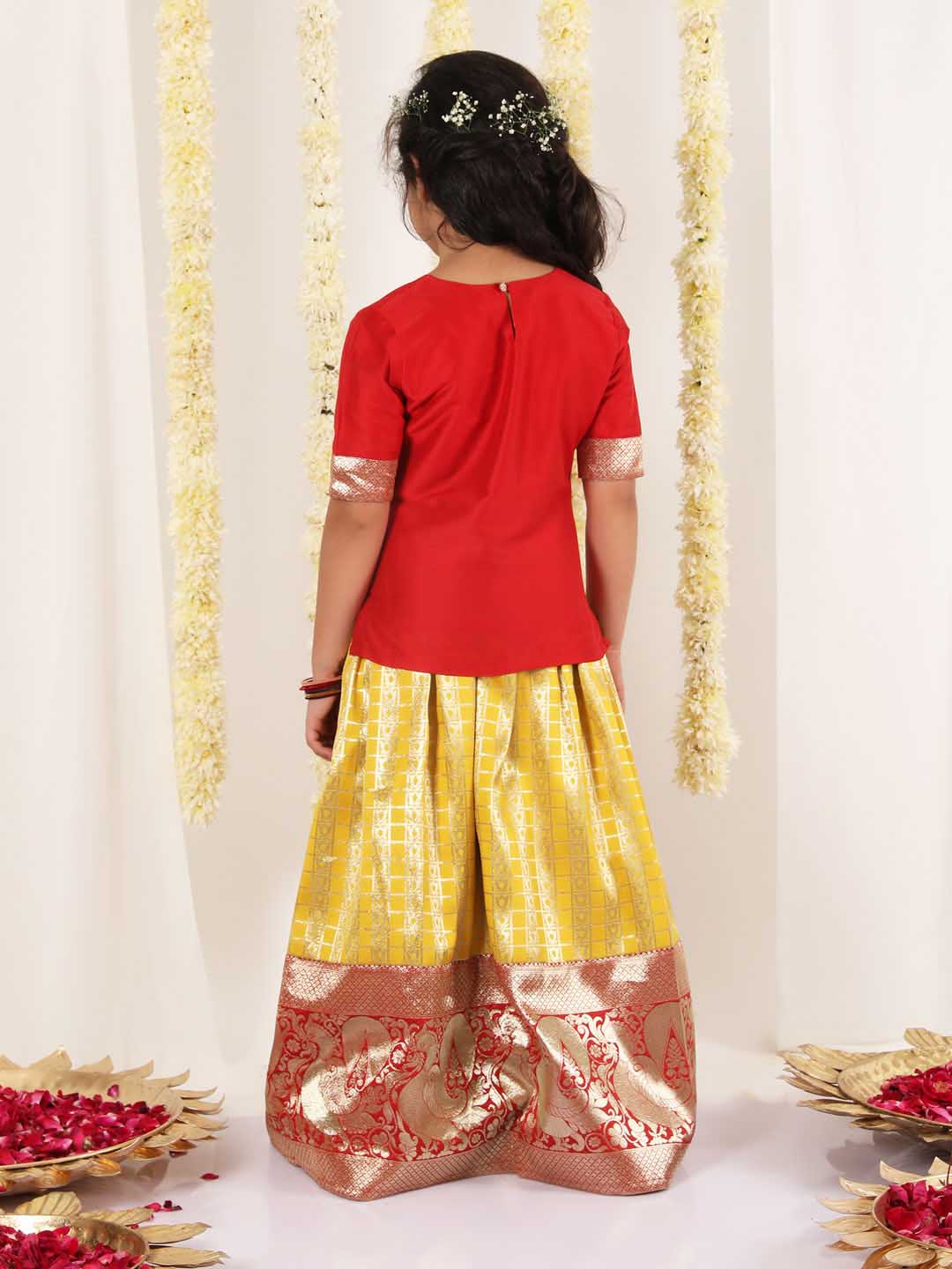 Girls' Maroon And Yellow Pavda Pattu Lehenga Choli Set