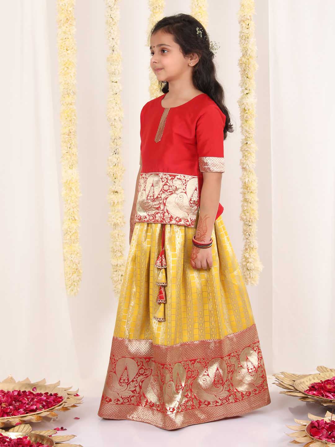 Girls' Maroon And Yellow Pavda Pattu Lehenga Choli Set