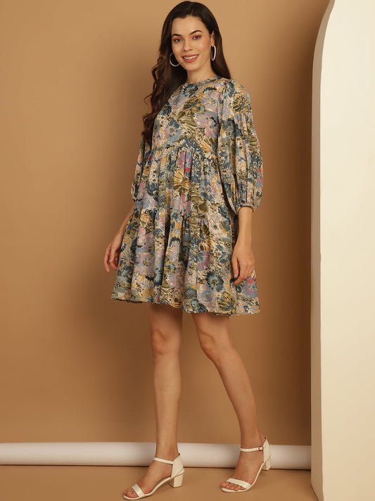 Floral Printed Puff Sleeve A-Line Dress