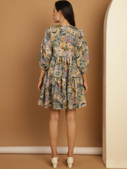 Floral Printed Puff Sleeve A-Line Dress