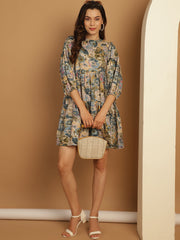 Floral Printed Puff Sleeve A-Line Dress