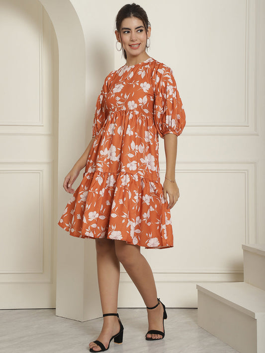 women Mustard Printed A-Line Dress