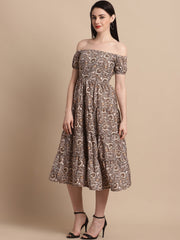 Women's Brown Printed off-Shoulder Dress