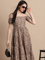 Women's Brown Printed off-Shoulder Dress