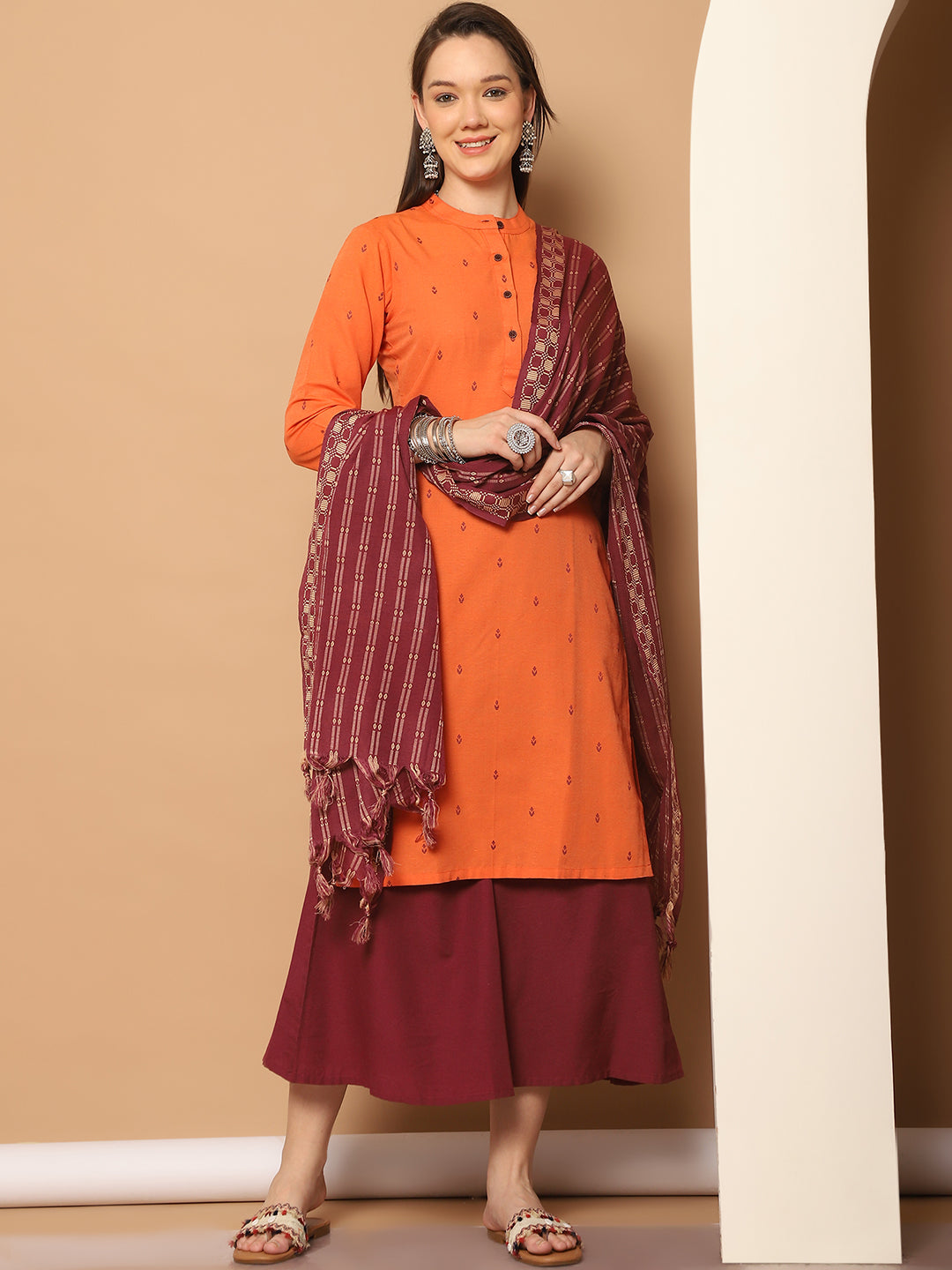 Women Woven Design Orange Kurta with Palazzos & With Dupatta ( JOKPL D51P 1555 Orange )