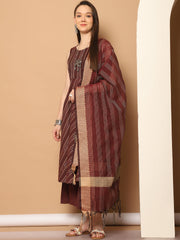 Women Woven Design Kantha Work Kurta with Palazzos & With Dupatta ( JOKPL D56M 1554 Maroon )