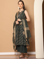 Women Olive Green Woven Design Kantha Work Kurta with Palazzos & With Dupatta ( JOKPL D56O 1554 Olive )