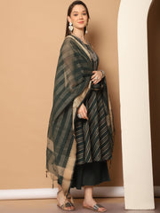 Women Olive Green Woven Design Kantha Work Kurta with Palazzos & With Dupatta ( JOKPL D56O 1554 Olive )