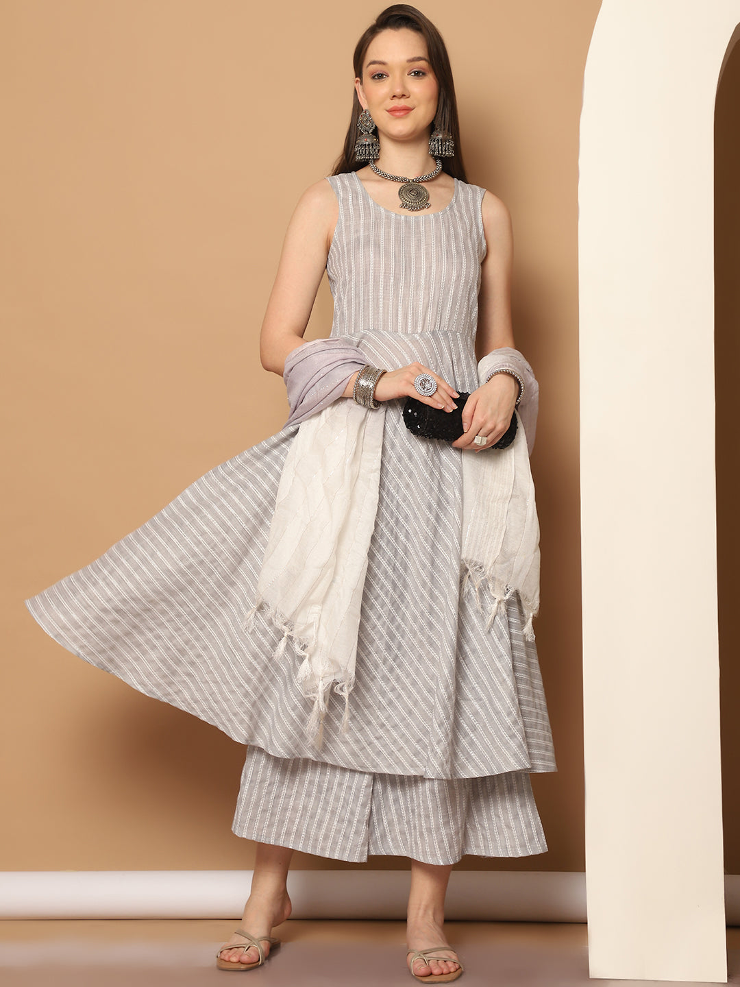 Women Grey Woven Design Flared Kurta with Palazzos & With Dupatta ( JOKPL D59GR 1553 Grey )