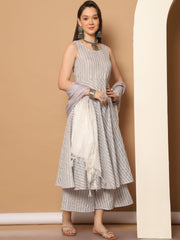 Women Grey Woven Design Flared Kurta with Palazzos & With Dupatta ( JOKPL D59GR 1553 Grey )