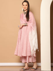 Women Pink Woven Design Flared Kurta with Palazzos & With Dupatta ( JOKPL D59P 1553 Pink )