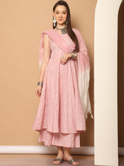 Women Pink Woven Design Flared Kurta with Palazzos & With Dupatta ( JOKPL D59P 1553 Pink )