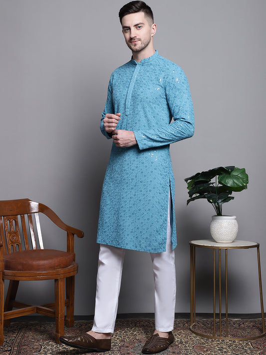 Sequin Embroidered Pure Cotton Kurta with Pyjamas