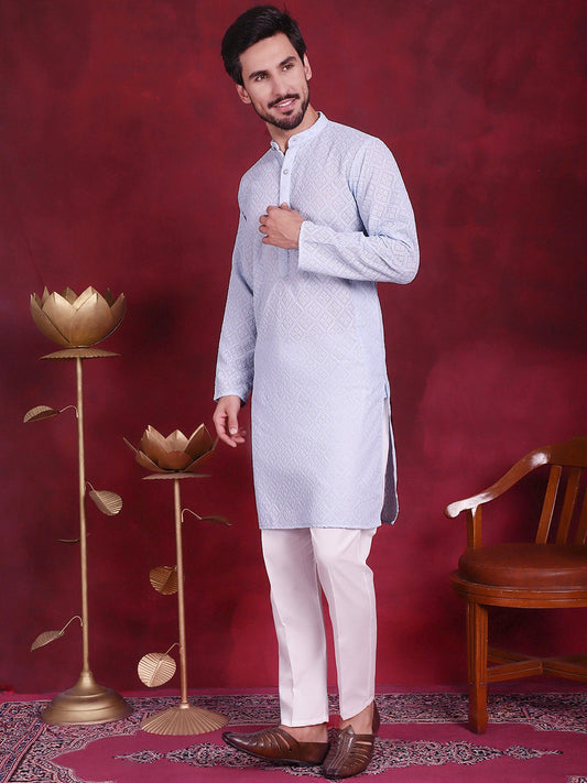 Chikankari Embroidered Kurta with Pyjama ( JOKP 5017 Sky )