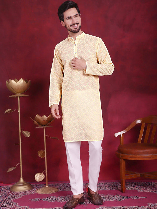 Chikankari Embroidered Kurta with Pyjama ( JOKP 5017 Yellow )