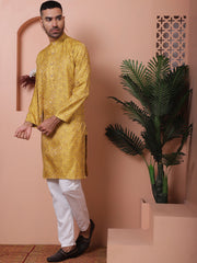 Men Yellow Silk Blend Straight Kurta Pyjama Set