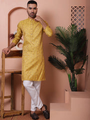 Men Yellow Silk Blend Straight Kurta Pyjama Set