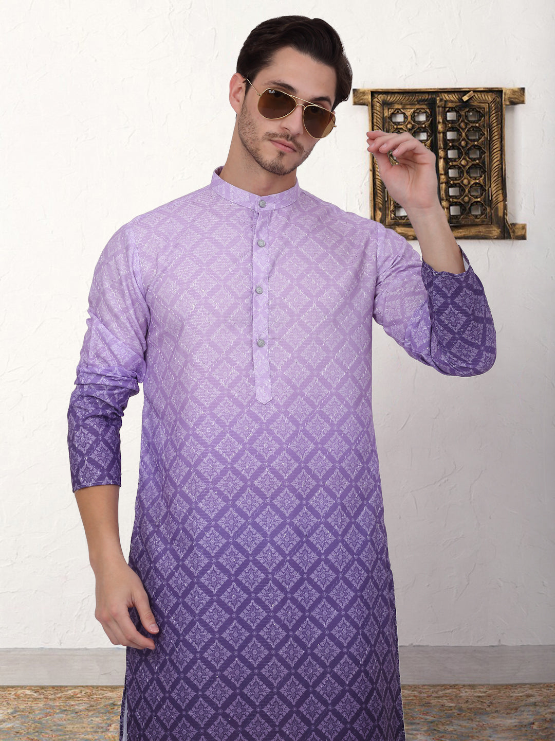 Men's Purple Ombre Printed Kurta Pyjama Set