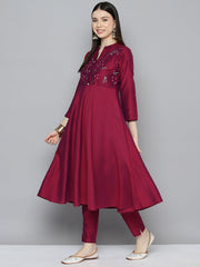 Embroidered Cotton Silk Flared kurta,pant with dupatta set ( JOKS D8P 1517 Pink )