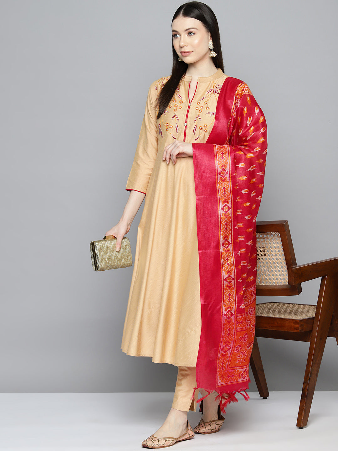 Embroidered Cotton Silk Flared kurta,pant with dupatta set ( JOKS D8R 1517 Golden )