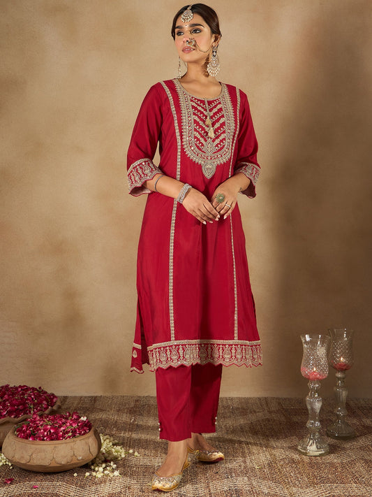 Indo Era Maroon Embroidered A-Line Kurta Trousers With Dupatta set