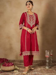 Indo Era Maroon Embroidered A-Line Kurta Trousers With Dupatta set