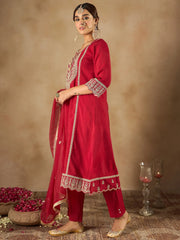 Indo Era Maroon Embroidered A-Line Kurta Trousers With Dupatta set