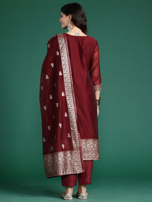 Indo Era Maroon Woven Design Straight Kurta Trousers With Dupatta Set