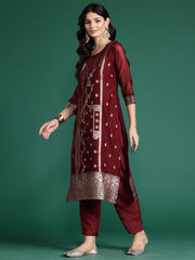 Indo Era Maroon Woven Design Straight Kurta Trousers With Dupatta Set