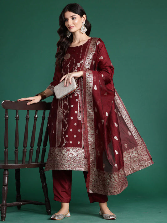 Indo Era Maroon Woven Design Straight Kurta Trousers With Dupatta Set